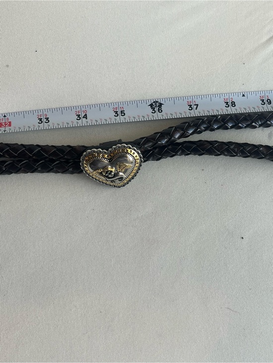 Women\'s Braided Black Leather Belt with Ornate Silver-Gold Heart Buckle wester main image 8